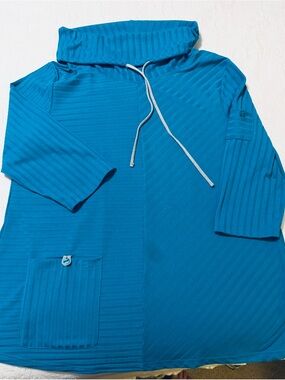 Relaxed Ribbed Tunic with Funnel Neck in Teal